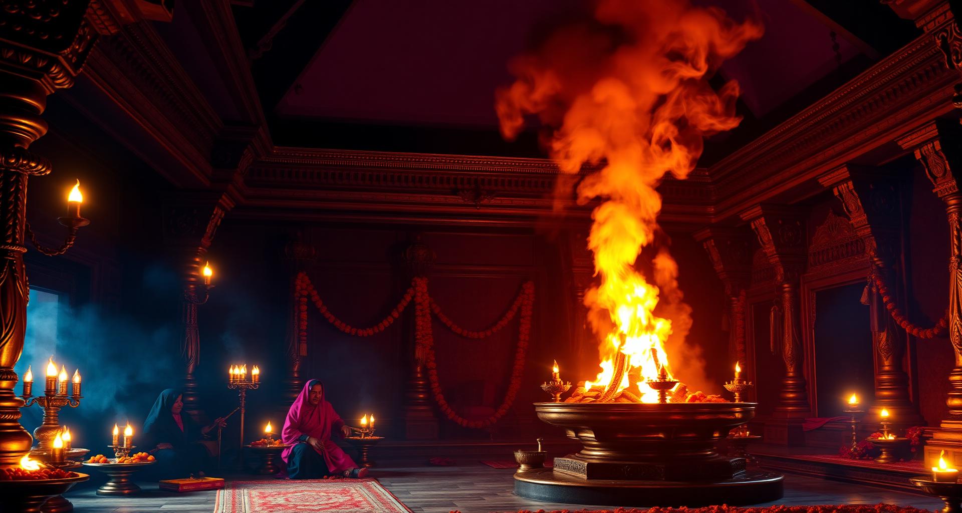 Sacred havan fire burning in a temple sanctum